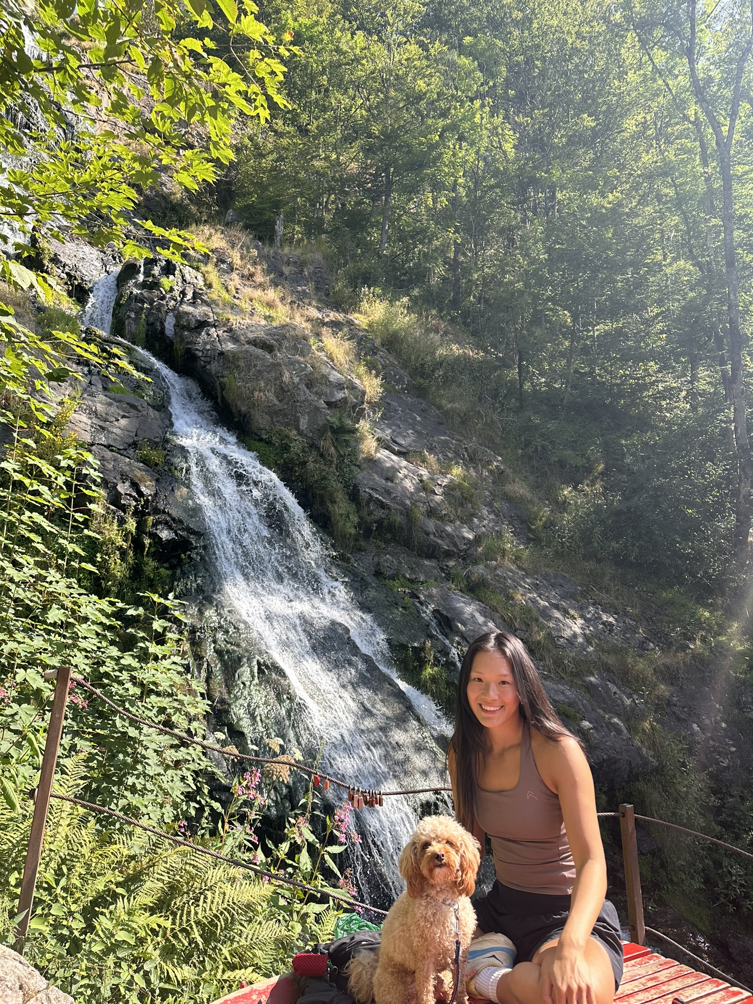 A picutre of myself and Simba (pet dog) sat by the waterfall